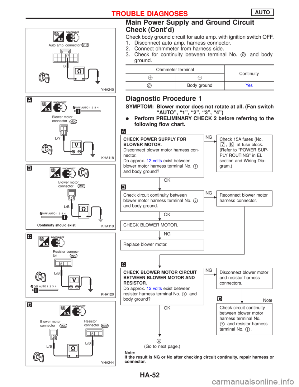 NISSAN PRIMERA 1999  Electronic Repair Manual Check body ground circuit for auto amp. with ignition switch OFF.
1. Disconnect auto amp. harness connector.
2. Connect ohmmeter from harness side.
3. Check for continuity between terminal No.
p17and 