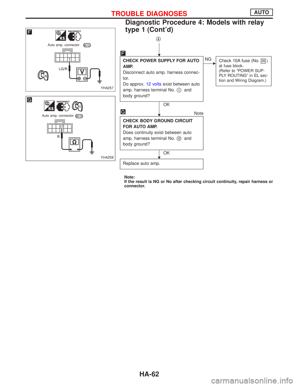NISSAN PRIMERA 1999 Electronic Repair Manual pA
CHECK POWER SUPPLY FOR AUTO
AMP.
Disconnect auto amp. harness connec-
tor.
Do approx.12 voltsexist between auto
amp. harness terminal No.
p1and
body ground?
OK
ENG
Check 10A fuse (No.26)
at fuse bl NISSAN PRIMERA 1999 Electronic Repair Manual pA
CHECK POWER SUPPLY FOR AUTO
AMP.
Disconnect auto amp. harness connec-
tor.
Do approx.12 voltsexist between auto
amp. harness terminal No.
p1and
body ground?
OK
ENG
Check 10A fuse (No.26)
at fuse bl