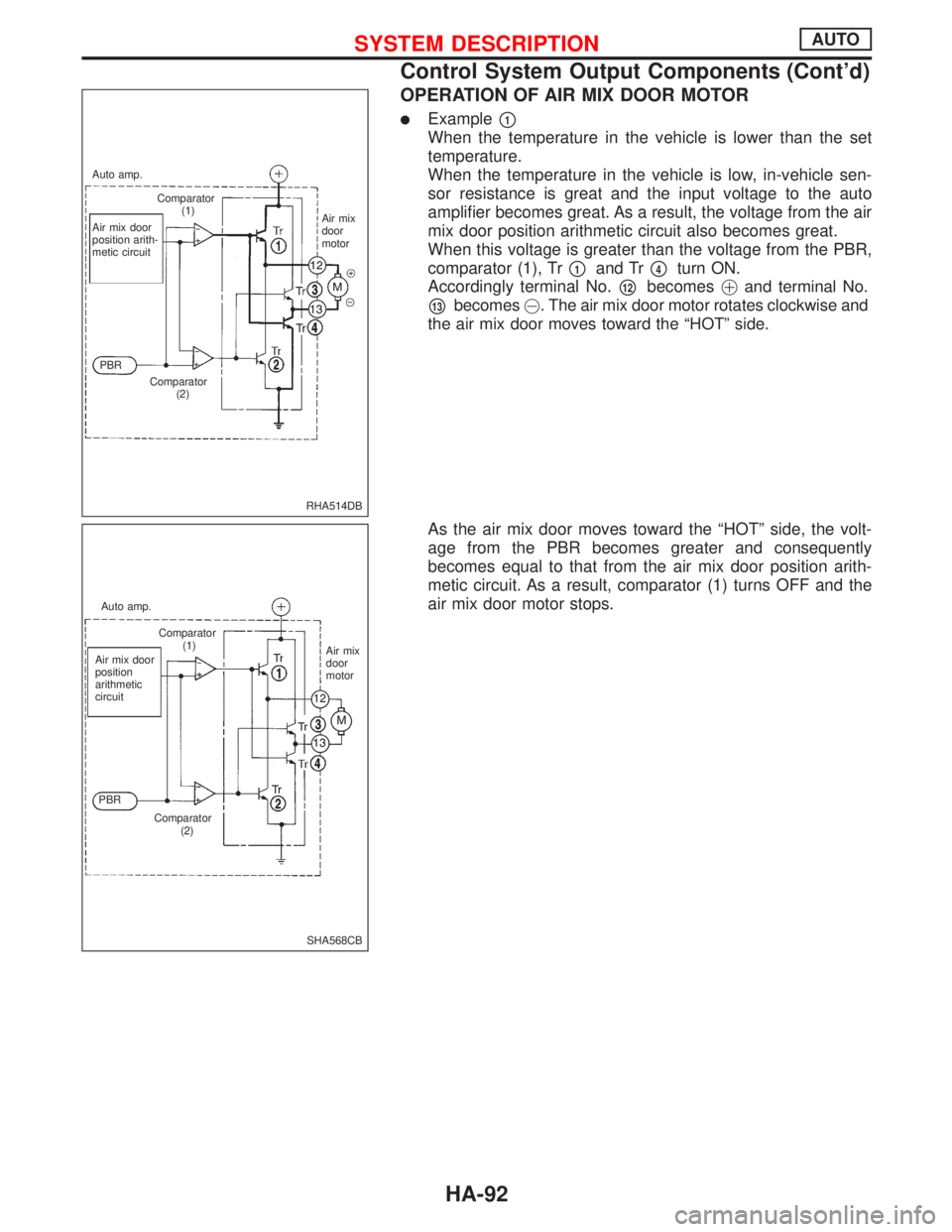 NISSAN PRIMERA 1999 Electronic Repair Manual OPERATION OF AIR MIX DOOR MOTOR
lExamplep1
When the temperature in the vehicle is lower than the set
temperature.
When the temperature in the vehicle is low, in-vehicle sen-
sor resistance is great an NISSAN PRIMERA 1999 Electronic Repair Manual OPERATION OF AIR MIX DOOR MOTOR
lExamplep1
When the temperature in the vehicle is lower than the set
temperature.
When the temperature in the vehicle is low, in-vehicle sen-
sor resistance is great an