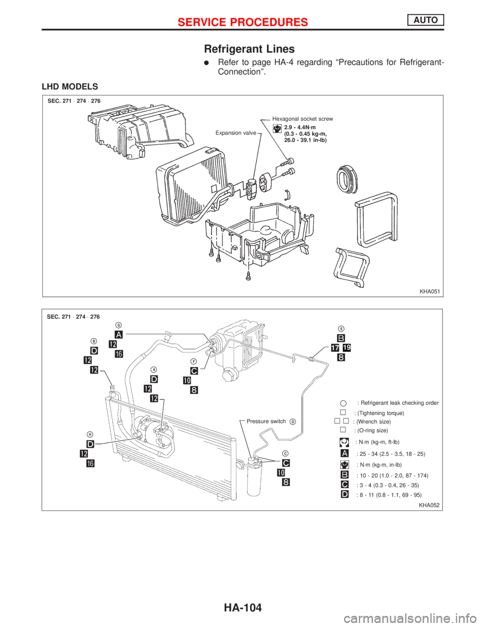 NISSAN PRIMERA 1999 Electronic Repair Manual Refrigerant Lines
lRefer to page HA-4 regarding ªPrecautions for Refrigerant-
Connectionº.
LHD MODELS
KHA051 Expansion valveHexagonal socket screw
2.9 - 4.4N´m
(0.3 - 0.45 kg-m,
26.0 - 39.1 in-lb) NISSAN PRIMERA 1999 Electronic Repair Manual Refrigerant Lines
lRefer to page HA-4 regarding ªPrecautions for Refrigerant-
Connectionº.
LHD MODELS
KHA051 Expansion valveHexagonal socket screw
2.9 - 4.4N´m
(0.3 - 0.45 kg-m,
26.0 - 39.1 in-lb)