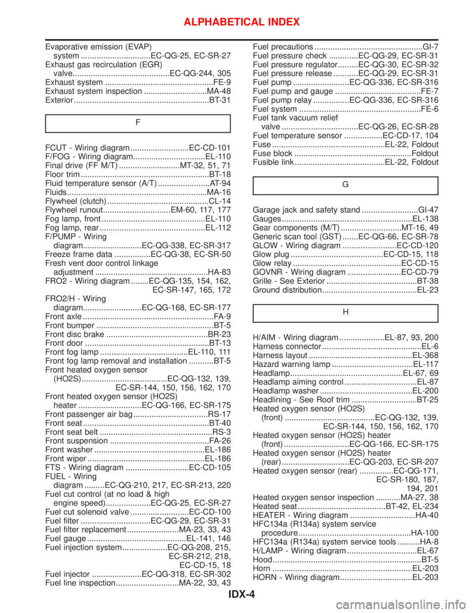 NISSAN PRIMERA 1999  Electronic Repair Manual Evaporative emission (EVAP)
system ...............................EC-QG-25, EC-SR-27
Exhaust gas recirculation (EGR)
valve...........................................EC-QG-244, 305
Exhaust system .....