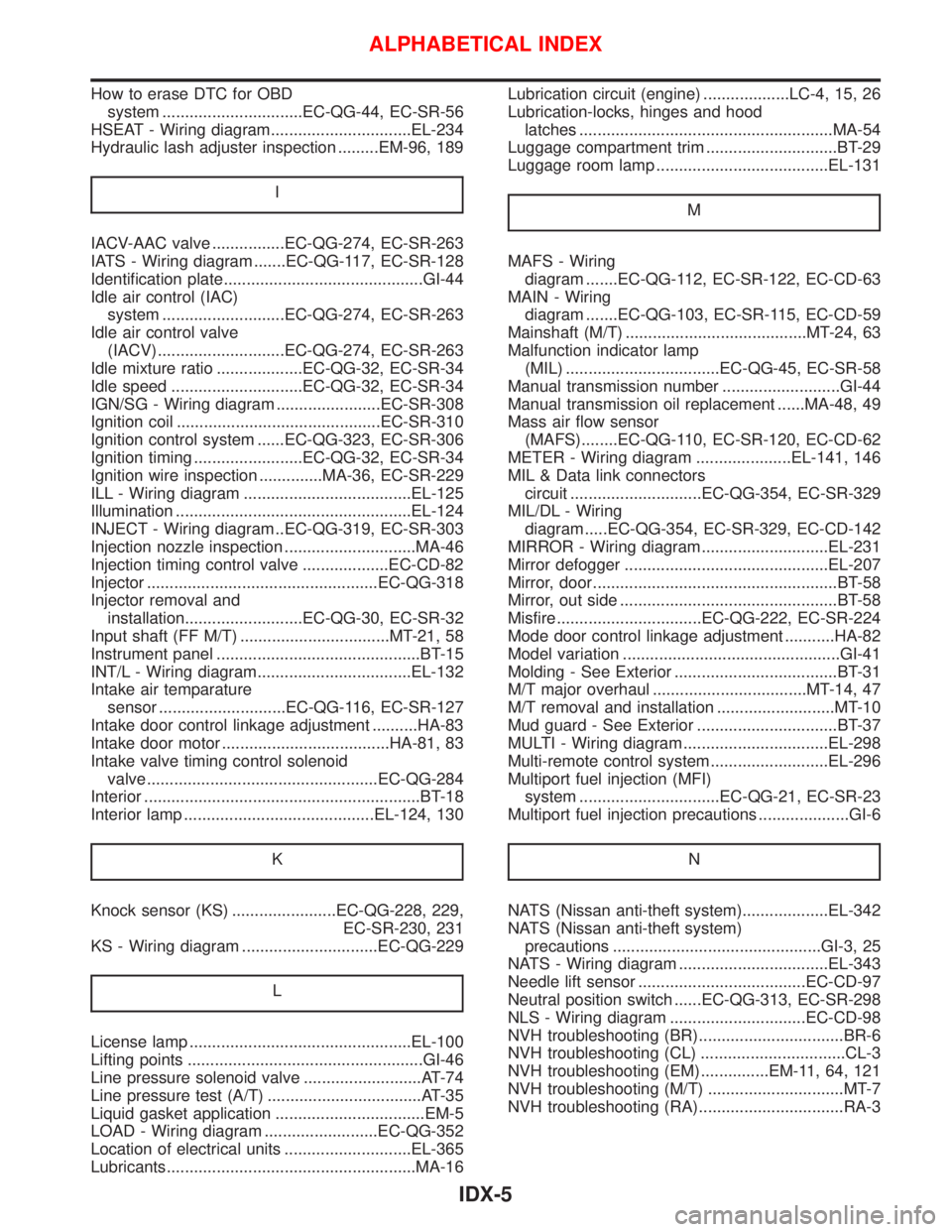 NISSAN PRIMERA 1999  Electronic Repair Manual How to erase DTC for OBD
system ...............................EC-QG-44, EC-SR-56
HSEAT - Wiring diagram...............................EL-234
Hydraulic lash adjuster inspection .........EM-96, 189
I
I
