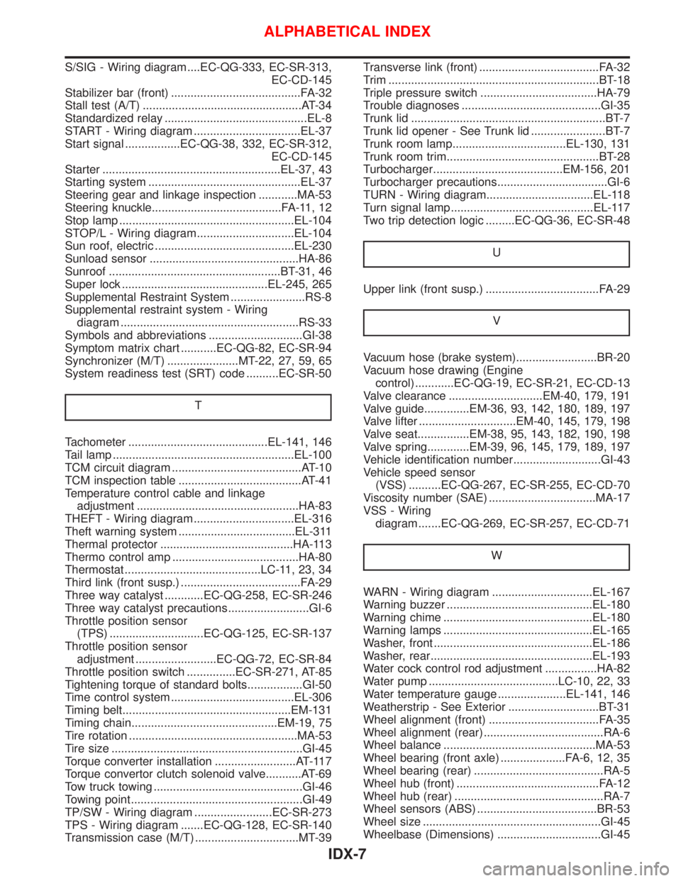NISSAN PRIMERA 1999  Electronic Repair Manual S/SIG - Wiring diagram ....EC-QG-333, EC-SR-313,
EC-CD-145
Stabilizer bar (front) ........................................FA-32
Stall test (A/T) .................................................AT-34
