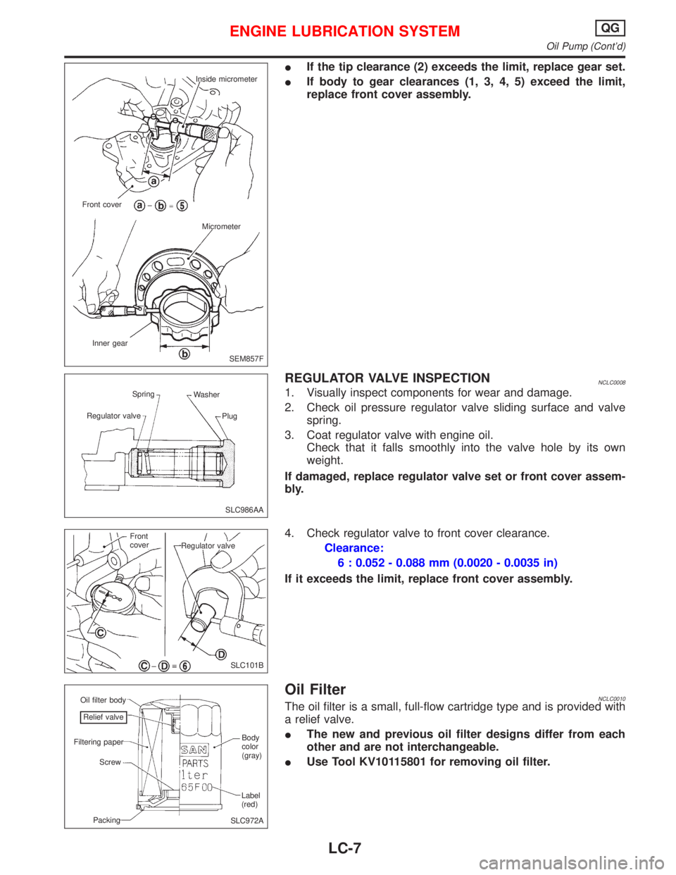 NISSAN PRIMERA 1999  Electronic Repair Manual If the tip clearance (2) exceeds the limit, replace gear set.
If body to gear clearances (1, 3, 4, 5) exceed the limit,
replace front cover assembly.
REGULATOR VALVE INSPECTIONNCLC0008
1. Visually i
