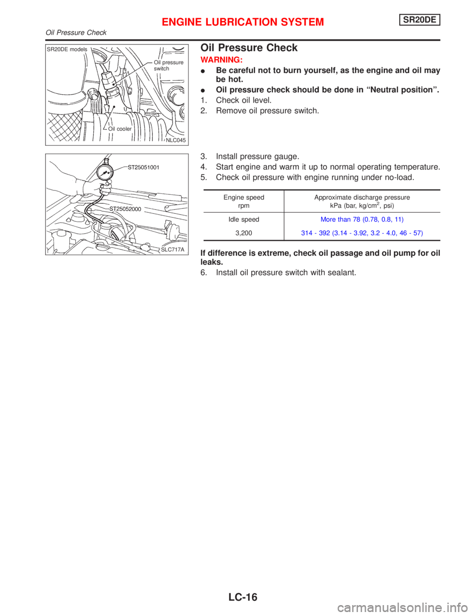 NISSAN PRIMERA 1999  Electronic Repair Manual Oil Pressure Check
WARNING:
Be careful not to burn yourself, as the engine and oil may
be hot.
Oil pressure check should be done in“Neutral position”.
1. Check oil level.
2. Remove oil pressure 