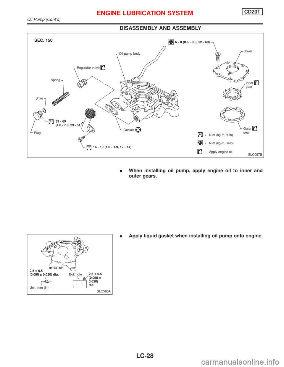 NISSAN PRIMERA 1999  Electronic Repair Manual DISASSEMBLY AND ASSEMBLY
When installing oil pump, apply engine oil to inner and
outer gears.
Apply liquid gasket when installing oil pump onto engine.
SLC097B
SEC. 1506 - 8 (0.6 - 0.8, 52 - 69)
Shi
