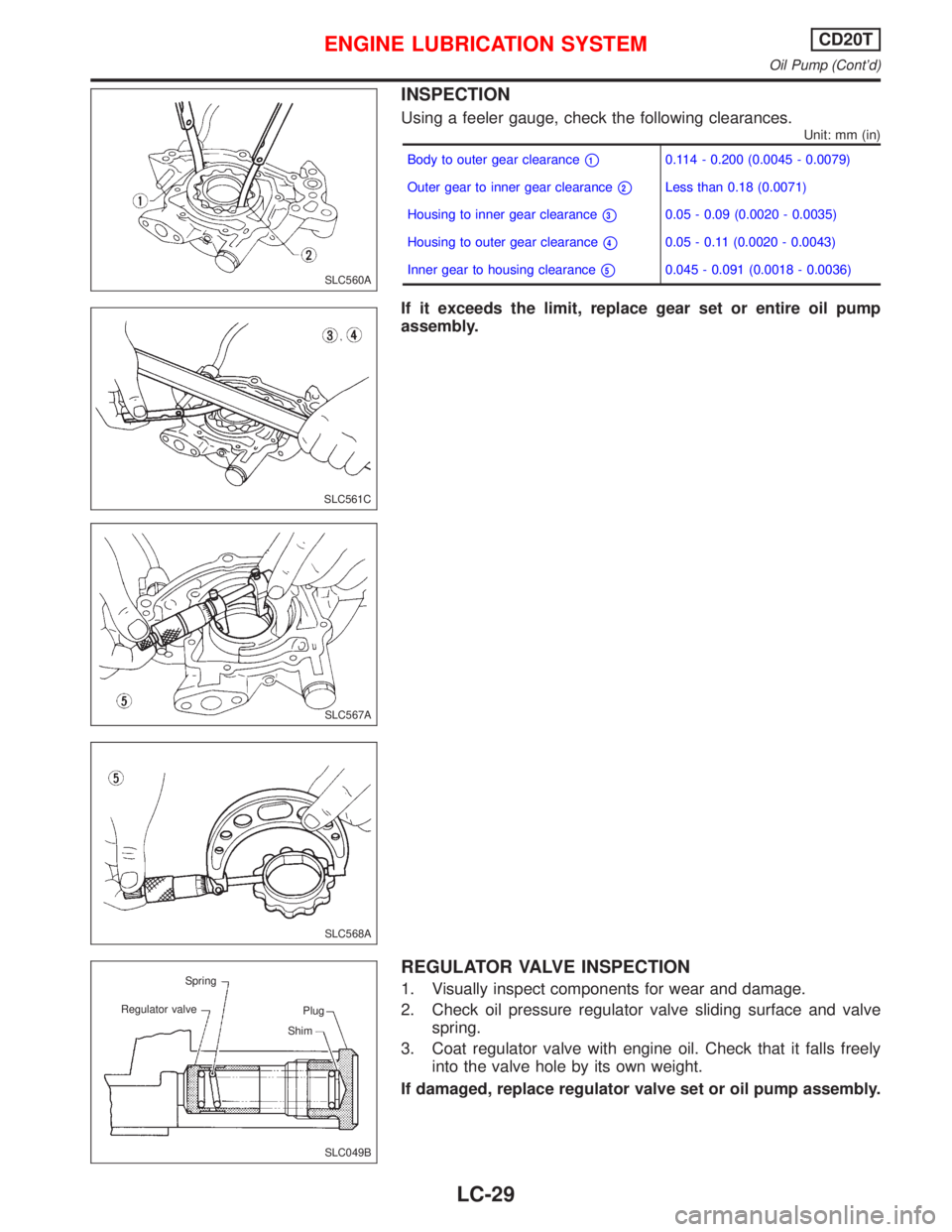 NISSAN PRIMERA 1999  Electronic Repair Manual INSPECTION
Using a feeler gauge, check the following clearances.
Unit: mm (in)
Body to outer gear clearance10.114 - 0.200 (0.0045 - 0.0079)
Outer gear to inner gear clearance
2Less than 0.18 (0.0071