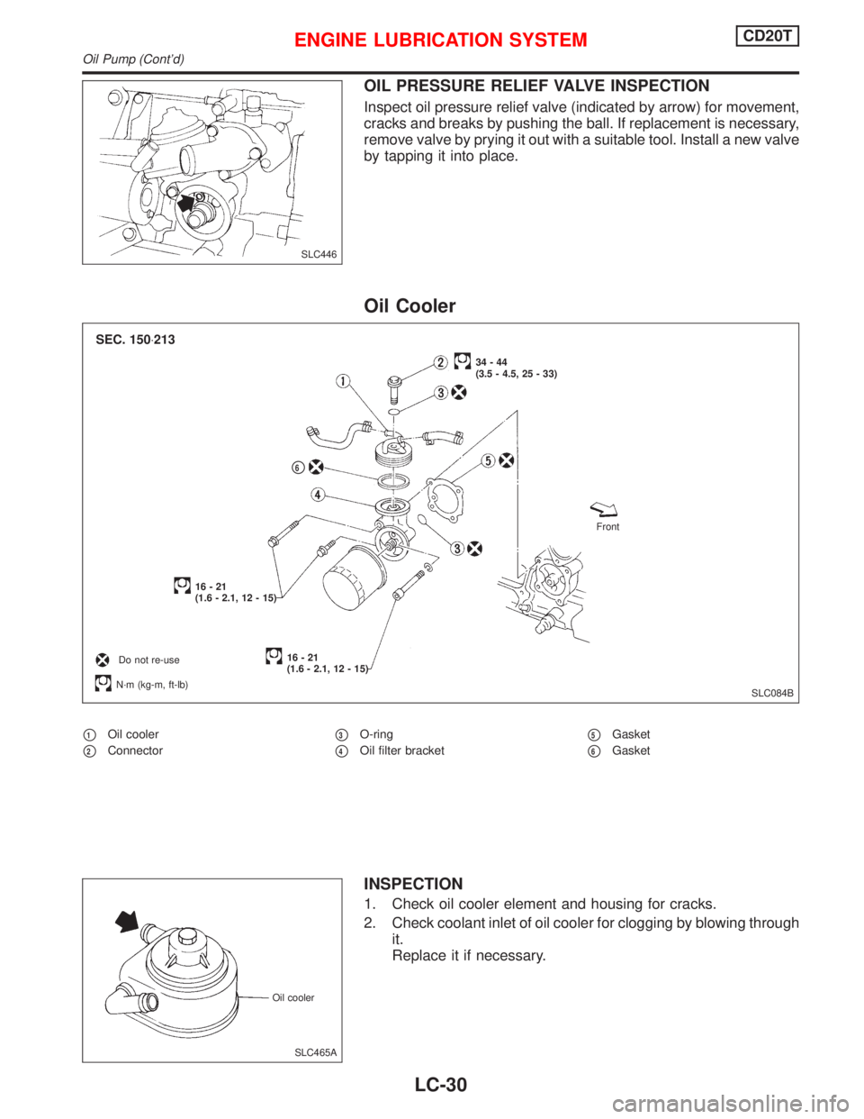 NISSAN PRIMERA 1999  Electronic Repair Manual OIL PRESSURE RELIEF VALVE INSPECTION
Inspect oil pressure relief valve (indicated by arrow) for movement,
cracks and breaks by pushing the ball. If replacement is necessary,
remove valve by prying it 