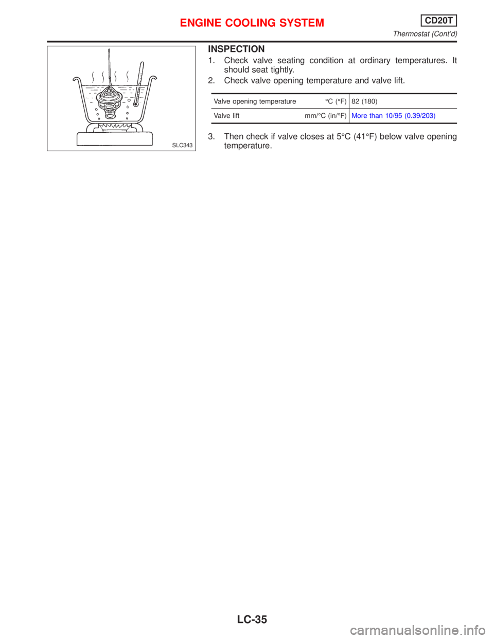 NISSAN PRIMERA 1999  Electronic Repair Manual INSPECTION
1. Check valve seating condition at ordinary temperatures. It
should seat tightly.
2. Check valve opening temperature and valve lift.
Valve opening temperature°C(°F) 82 (180)
Valve lift m