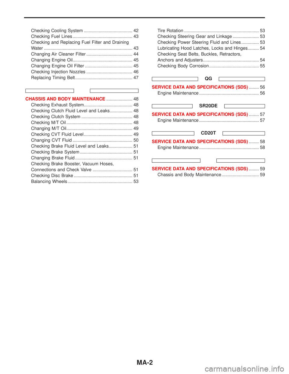 NISSAN PRIMERA 1999  Electronic Repair Manual Checking Cooling System ....................................... 42
Checking Fuel Lines ................................................ 43
Checking and Replacing Fuel Filter and Draining
Water .......