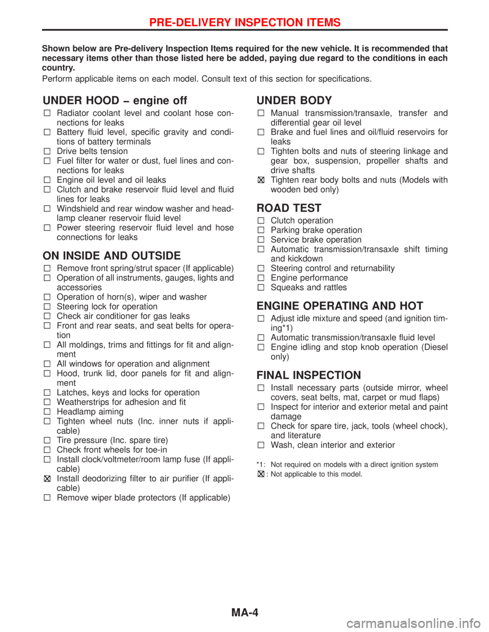 NISSAN PRIMERA 1999 Electronic Repair Manual Shown below are Pre-delivery Inspection Items required for the new vehicle. It is recommended that
necessary items other than those listed here be added, paying due regard to the conditions in each
co NISSAN PRIMERA 1999 Electronic Repair Manual Shown below are Pre-delivery Inspection Items required for the new vehicle. It is recommended that
necessary items other than those listed here be added, paying due regard to the conditions in each
co