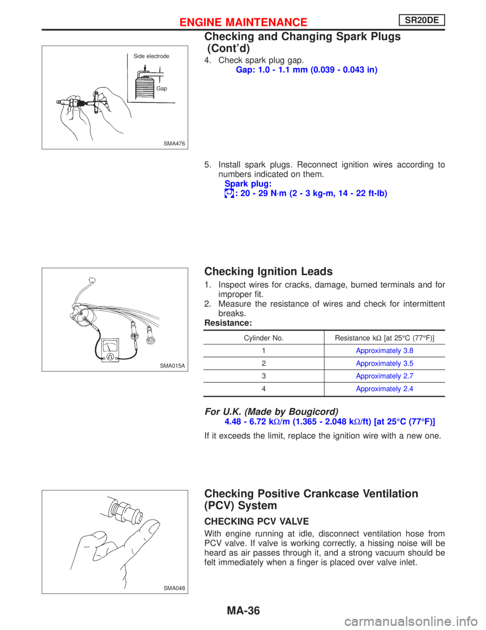 NISSAN PRIMERA 1999  Electronic Repair Manual 4. Check spark plug gap.
Gap: 1.0 - 1.1 mm (0.039 - 0.043 in)
5. Install spark plugs. Reconnect ignition wires according to
numbers indicated on them.
Spark plug:
:20-29N·m (2 - 3 kg-m, 14 - 22 ft-lb