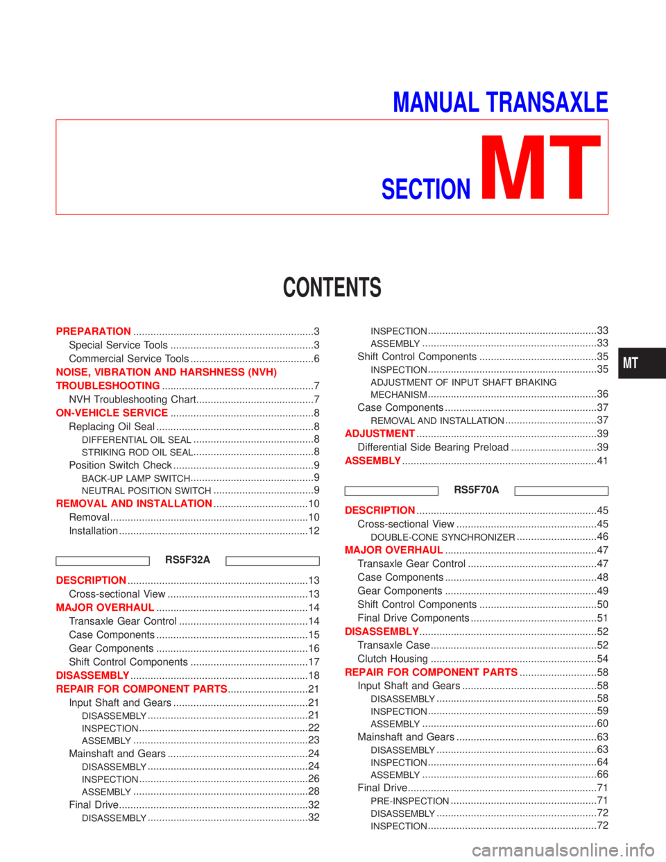 NISSAN PRIMERA 1999  Electronic Repair Manual MANUAL TRANSAXLE
SECTION
MT
CONTENTS
PREPARATION...............................................................3
Special Service Tools ..................................................3
Commercial Se