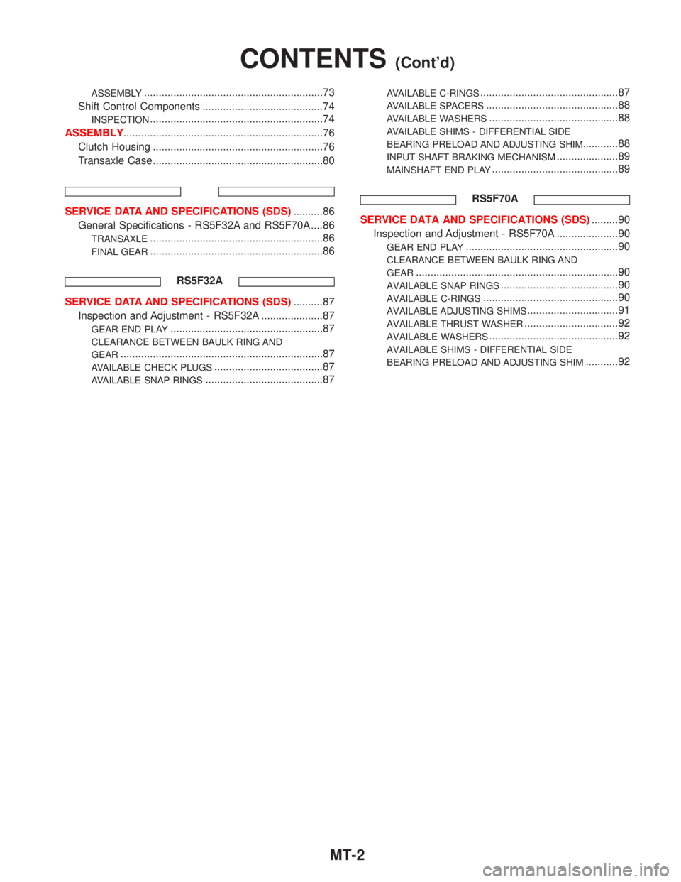 NISSAN PRIMERA 1999  Electronic Repair Manual ASSEMBLY.............................................................73
Shift Control Components .........................................74
INSPECTION.................................................