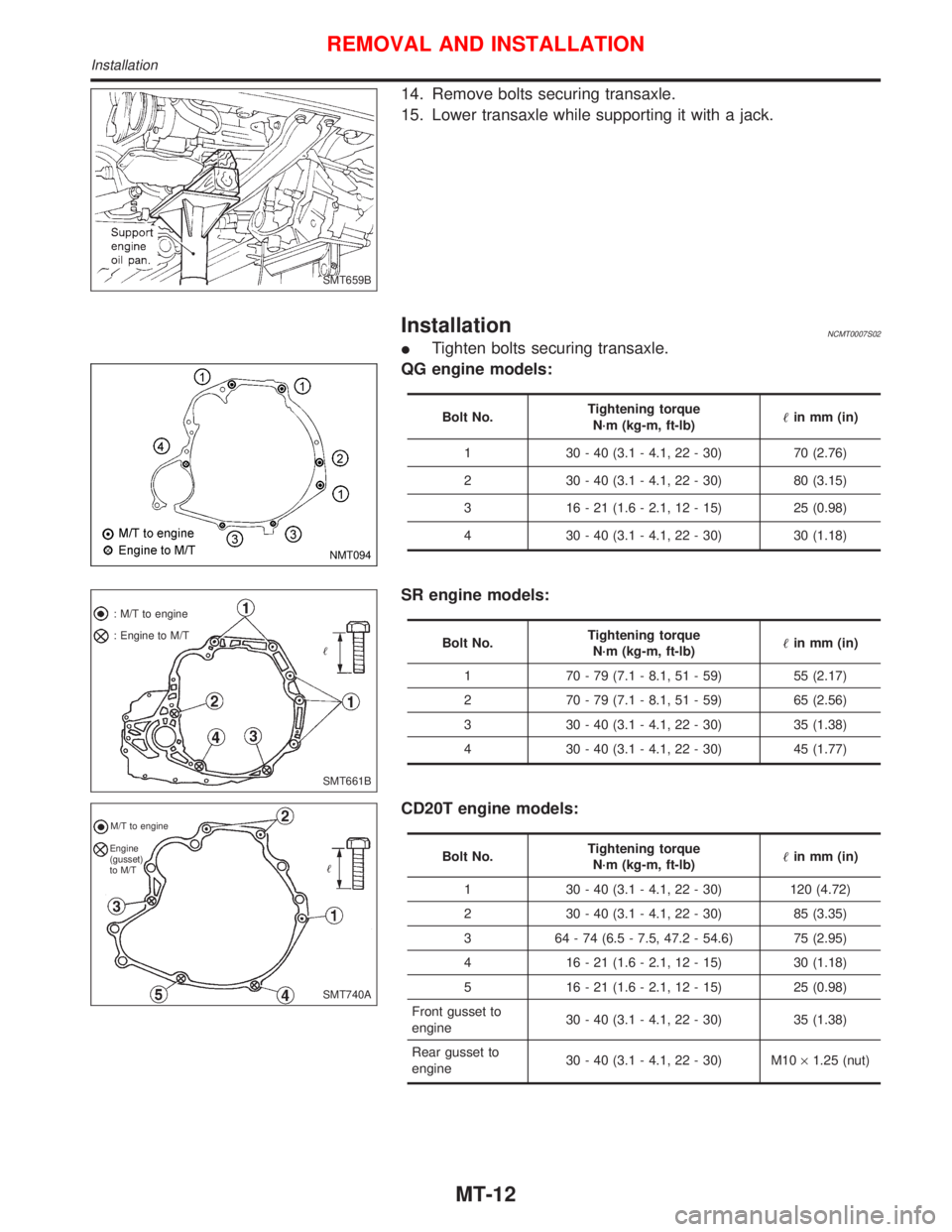 NISSAN PRIMERA 1999  Electronic Repair Manual 14. Remove bolts securing transaxle.
15. Lower transaxle while supporting it with a jack.
InstallationNCMT0007S02
ITighten bolts securing transaxle.
QG engine models:
Bolt No.Tightening torque
N´m (k