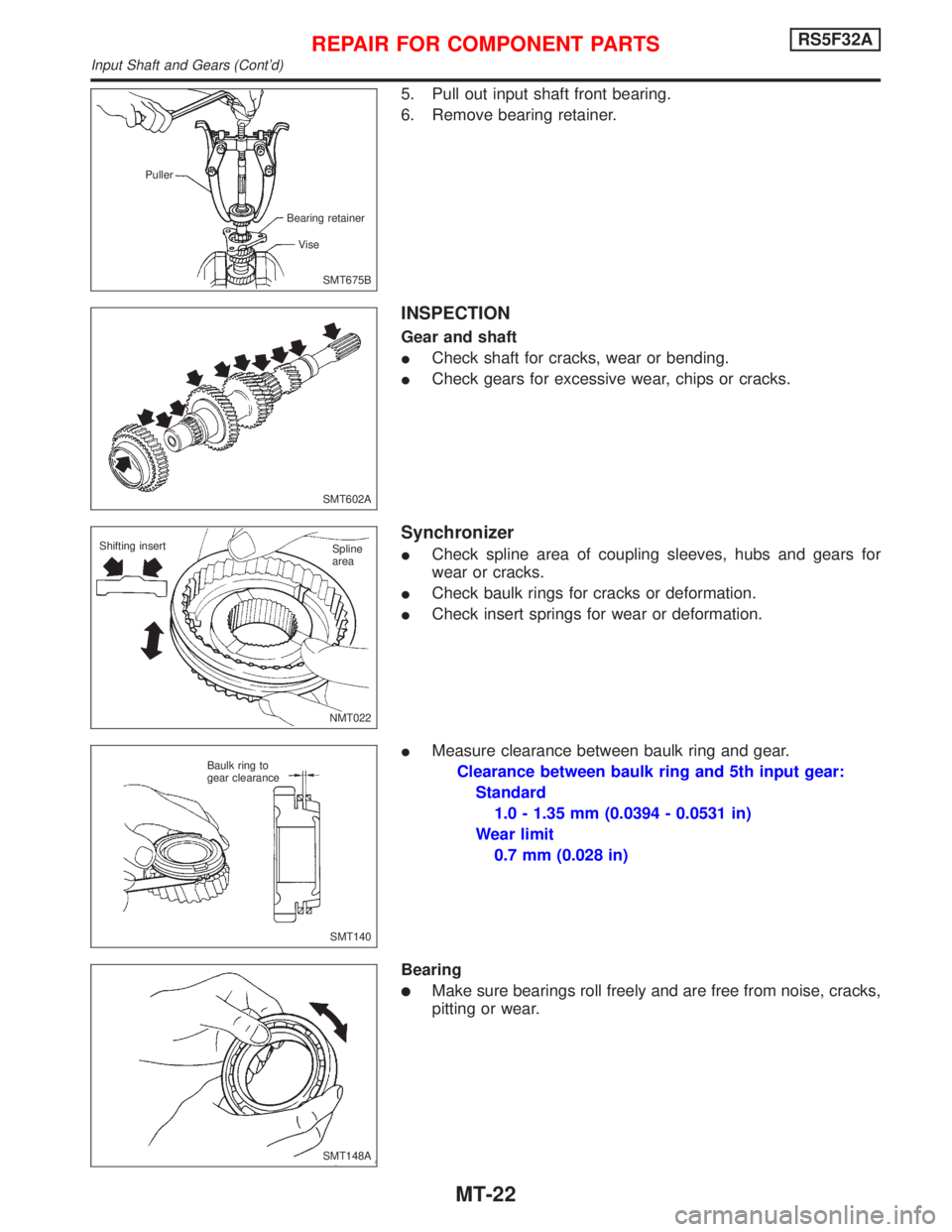 NISSAN PRIMERA 1999  Electronic Repair Manual 5. Pull out input shaft front bearing.
6. Remove bearing retainer.
INSPECTION
Gear and shaft
ICheck shaft for cracks, wear or bending.
ICheck gears for excessive wear, chips or cracks.
Synchronizer
IC