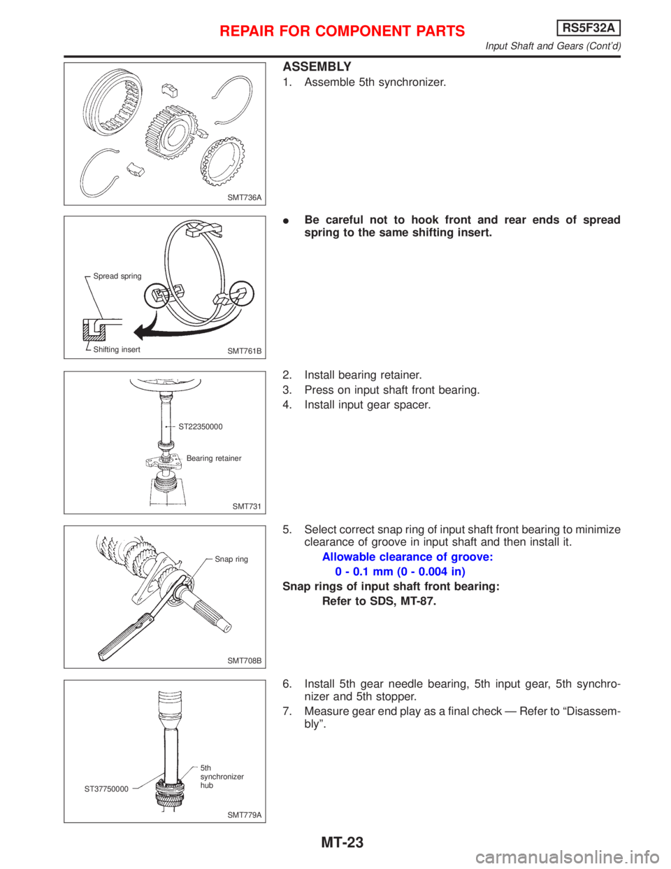 NISSAN PRIMERA 1999  Electronic Repair Manual ASSEMBLY
1. Assemble 5th synchronizer.
IBe careful not to hook front and rear ends of spread
spring to the same shifting insert.
2. Install bearing retainer.
3. Press on input shaft front bearing.
4. 
