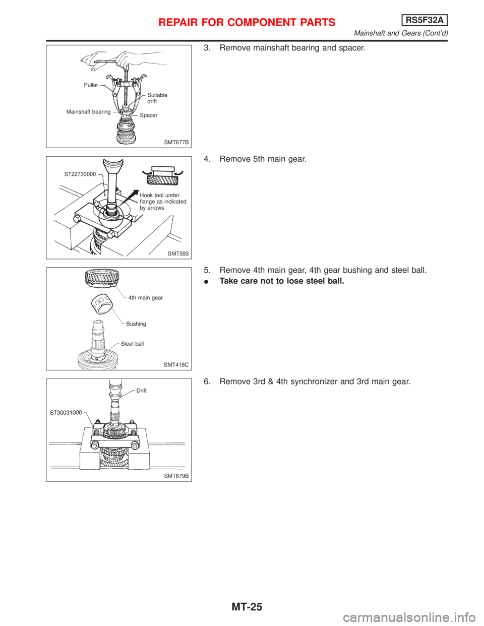 NISSAN PRIMERA 1999  Electronic Repair Manual 3. Remove mainshaft bearing and spacer.
4. Remove 5th main gear.
5. Remove 4th main gear, 4th gear bushing and steel ball.
ITake care not to lose steel ball.
6. Remove 3rd & 4th synchronizer and 3rd m
