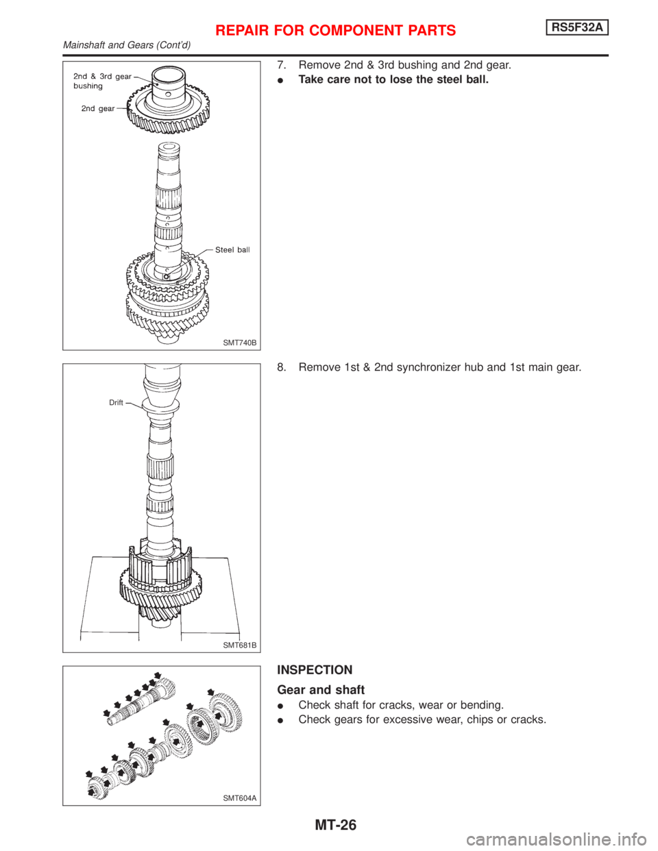 NISSAN PRIMERA 1999  Electronic Repair Manual 7. Remove 2nd & 3rd bushing and 2nd gear.
ITake care not to lose the steel ball.
8. Remove 1st & 2nd synchronizer hub and 1st main gear.
INSPECTION
Gear and shaft
ICheck shaft for cracks, wear or bend