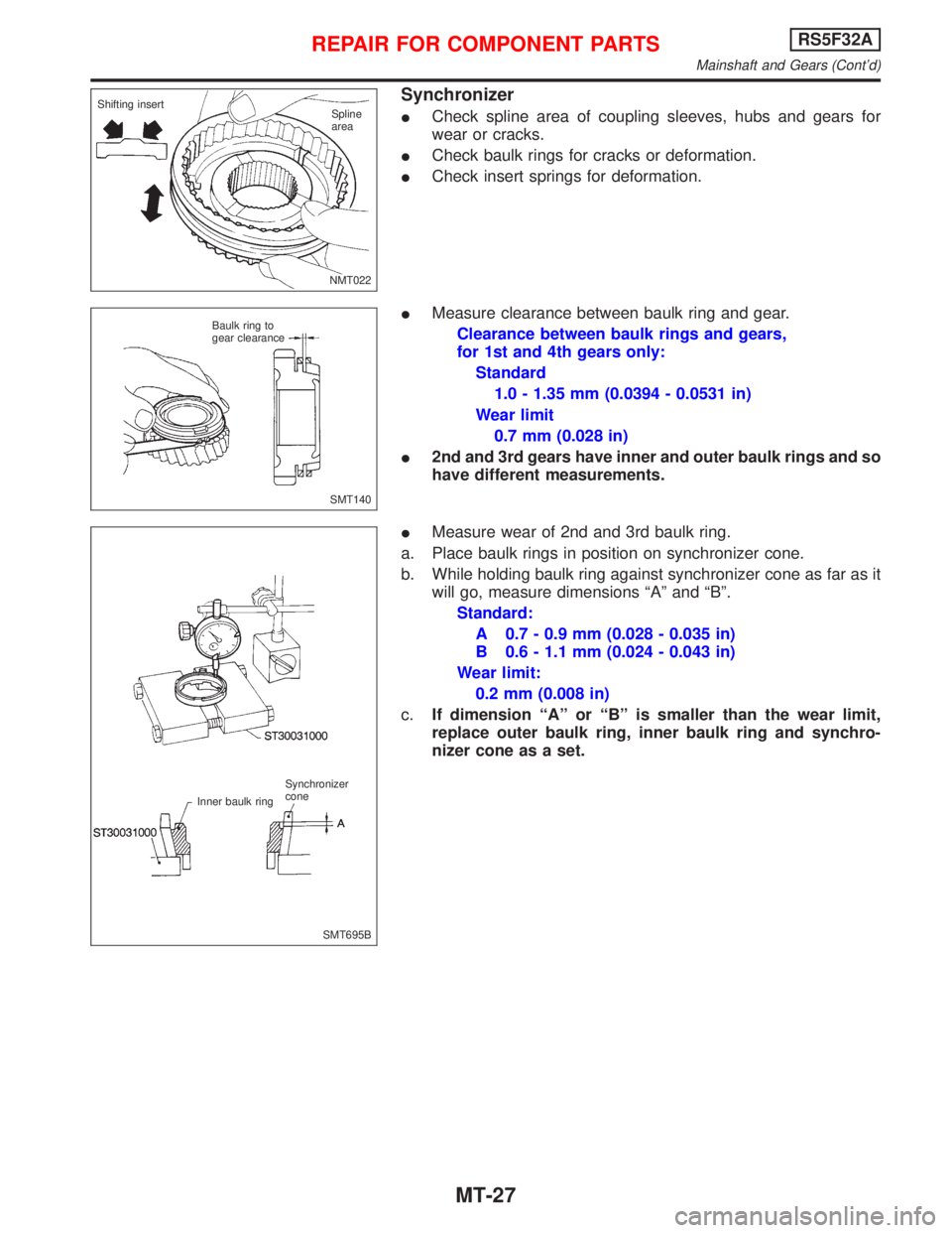 NISSAN PRIMERA 1999  Electronic Repair Manual Synchronizer
ICheck spline area of coupling sleeves, hubs and gears for
wear or cracks.
ICheck baulk rings for cracks or deformation.
ICheck insert springs for deformation.
IMeasure clearance between 