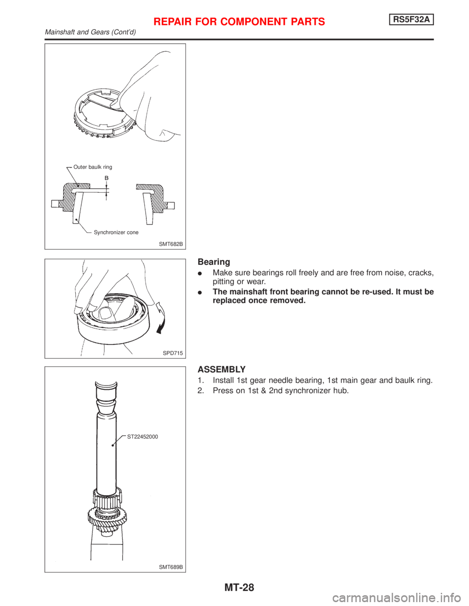 NISSAN PRIMERA 1999  Electronic Repair Manual Bearing
IMake sure bearings roll freely and are free from noise, cracks,
pitting or wear.
IThe mainshaft front bearing cannot be re-used. It must be
replaced once removed.
ASSEMBLY
1. Install 1st gear