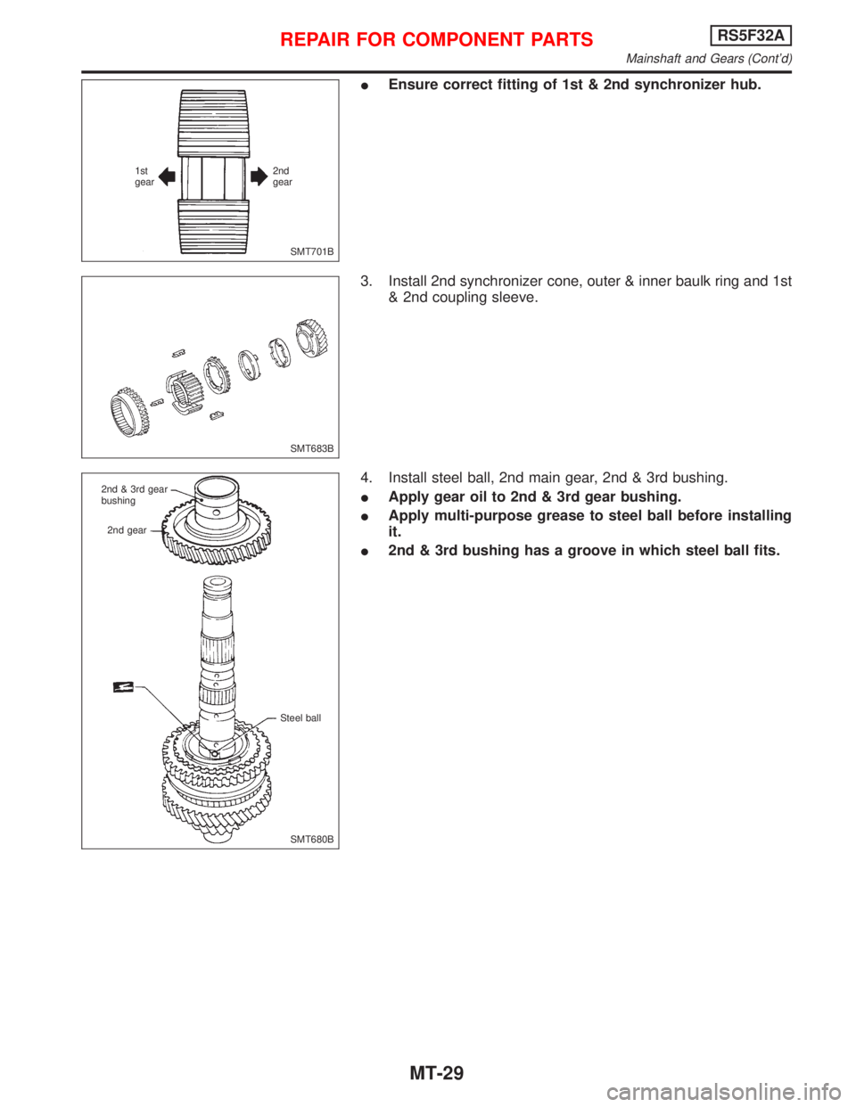 NISSAN PRIMERA 1999  Electronic Repair Manual IEnsure correct fitting of 1st & 2nd synchronizer hub.
3. Install 2nd synchronizer cone, outer & inner baulk ring and 1st
& 2nd coupling sleeve.
4. Install steel ball, 2nd main gear, 2nd & 3rd bushing