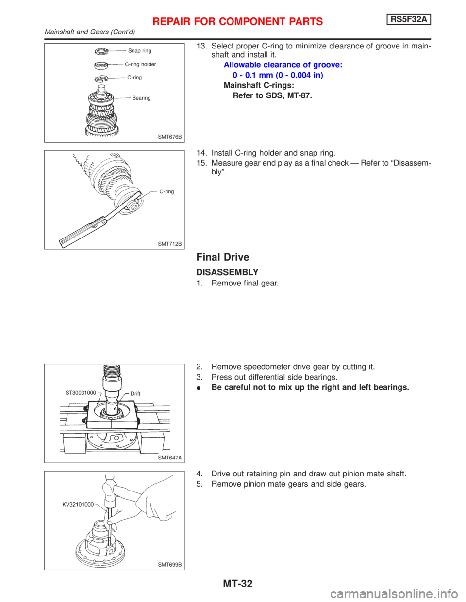 NISSAN PRIMERA 1999  Electronic Repair Manual 13. Select proper C-ring to minimize clearance of groove in main-
shaft and install it.
Allowable clearance of groove:
0 - 0.1 mm (0 - 0.004 in)
Mainshaft C-rings:
Refer to SDS, MT-87.
14. Install C-r