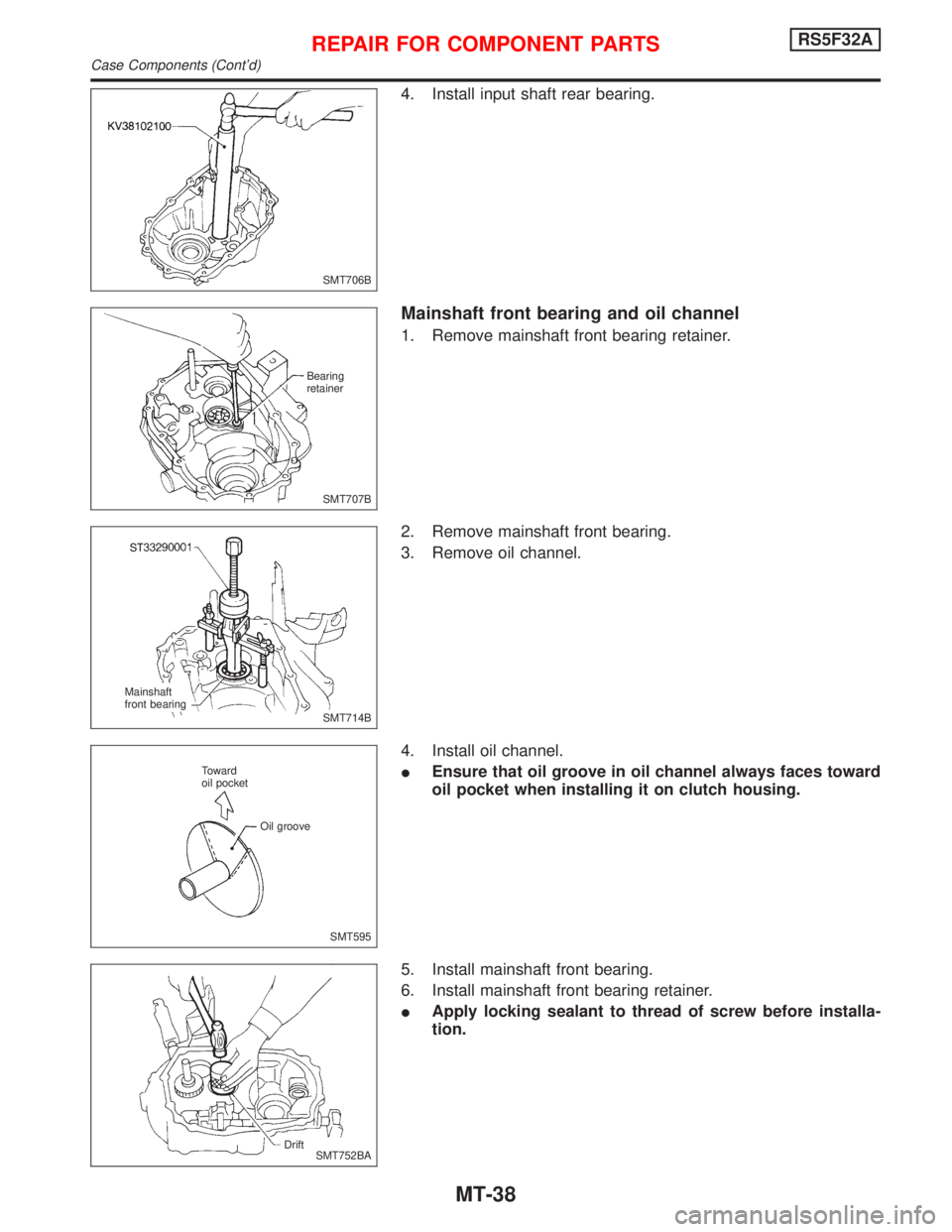 NISSAN PRIMERA 1999  Electronic Repair Manual 4. Install input shaft rear bearing.
Mainshaft front bearing and oil channel
1. Remove mainshaft front bearing retainer.
2. Remove mainshaft front bearing.
3. Remove oil channel.
4. Install oil channe