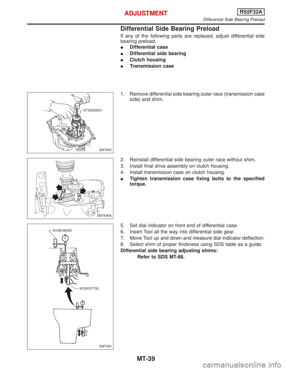 NISSAN PRIMERA 1999  Electronic Repair Manual Differential Side Bearing Preload
If any of the following parts are replaced, adjust differential side
bearing preload.
IDifferential case
IDifferential side bearing
IClutch housing
ITransmission case