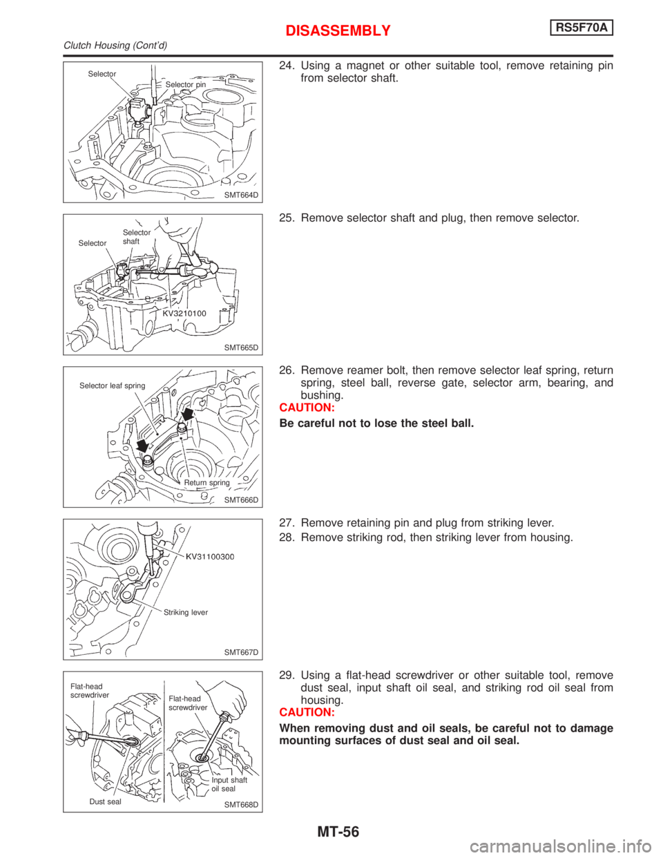 NISSAN PRIMERA 1999  Electronic Repair Manual 24. Using a magnet or other suitable tool, remove retaining pin
from selector shaft.
25. Remove selector shaft and plug, then remove selector.
26. Remove reamer bolt, then remove selector leaf spring,