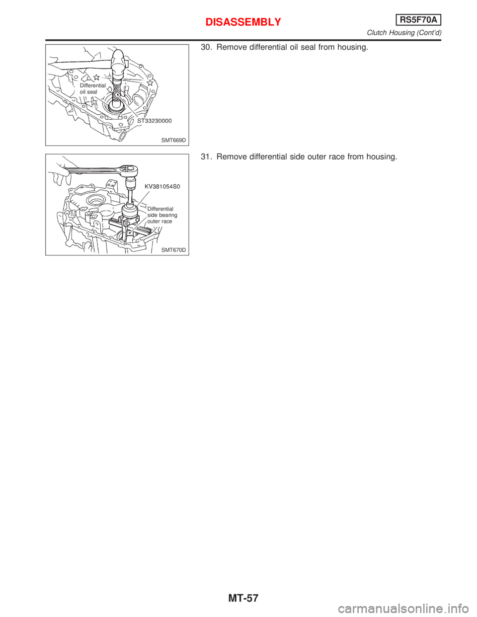 NISSAN PRIMERA 1999  Electronic Repair Manual 30. Remove differential oil seal from housing.
31. Remove differential side outer race from housing.
SMT669D Differential
oil seal
SMT670D Differential
side bearing
outer race
DISASSEMBLYRS5F70A
Clutc