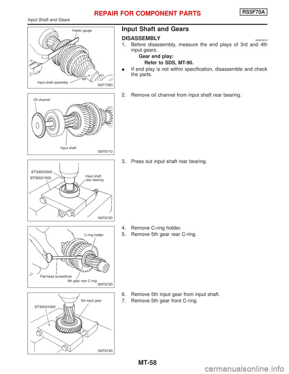 NISSAN PRIMERA 1999  Electronic Repair Manual Input Shaft and Gears
DISASSEMBLYNCMT0010
1. Before disassembly, measure the end plays of 3rd and 4th
input gears.
Gear end play:
Refer to SDS, MT-90.
IIf end play is not within specification, disasse