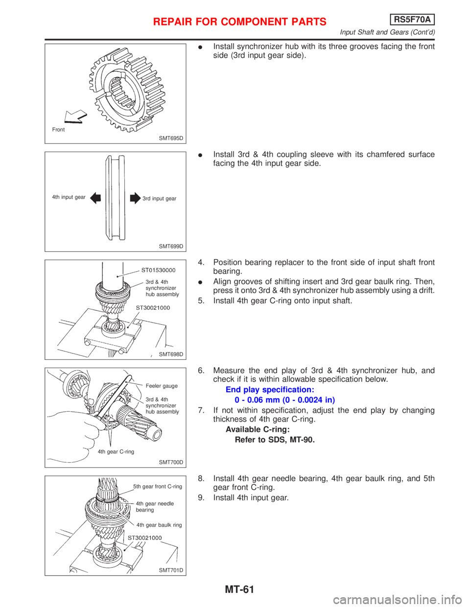 NISSAN PRIMERA 1999  Electronic Repair Manual IInstall synchronizer hub with its three grooves facing the front
side (3rd input gear side).
IInstall 3rd & 4th coupling sleeve with its chamfered surface
facing the 4th input gear side.
4. Position 