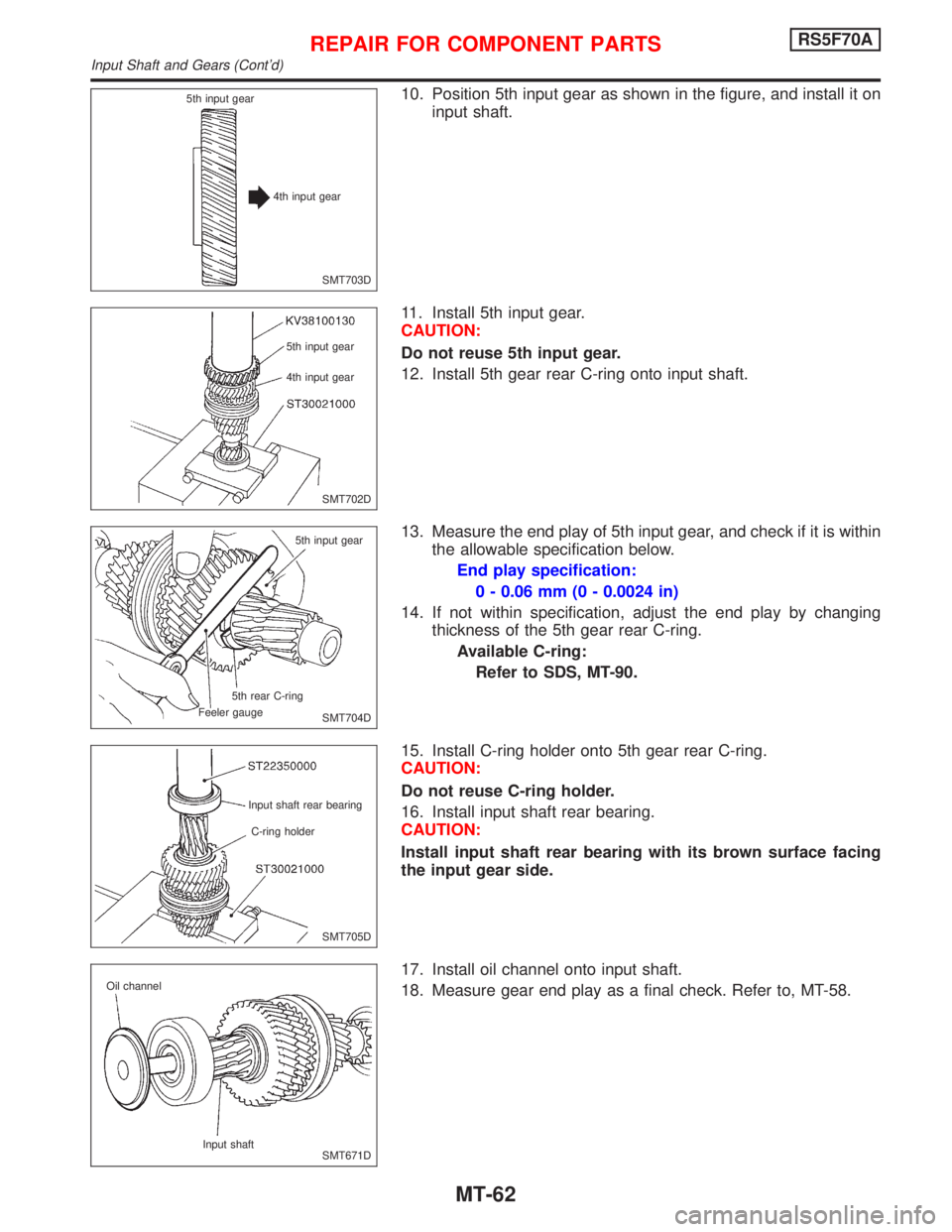 NISSAN PRIMERA 1999  Electronic Repair Manual 10. Position 5th input gear as shown in the figure, and install it on
input shaft.
11. Install 5th input gear.
CAUTION:
Do not reuse 5th input gear.
12. Install 5th gear rear C-ring onto input shaft.
