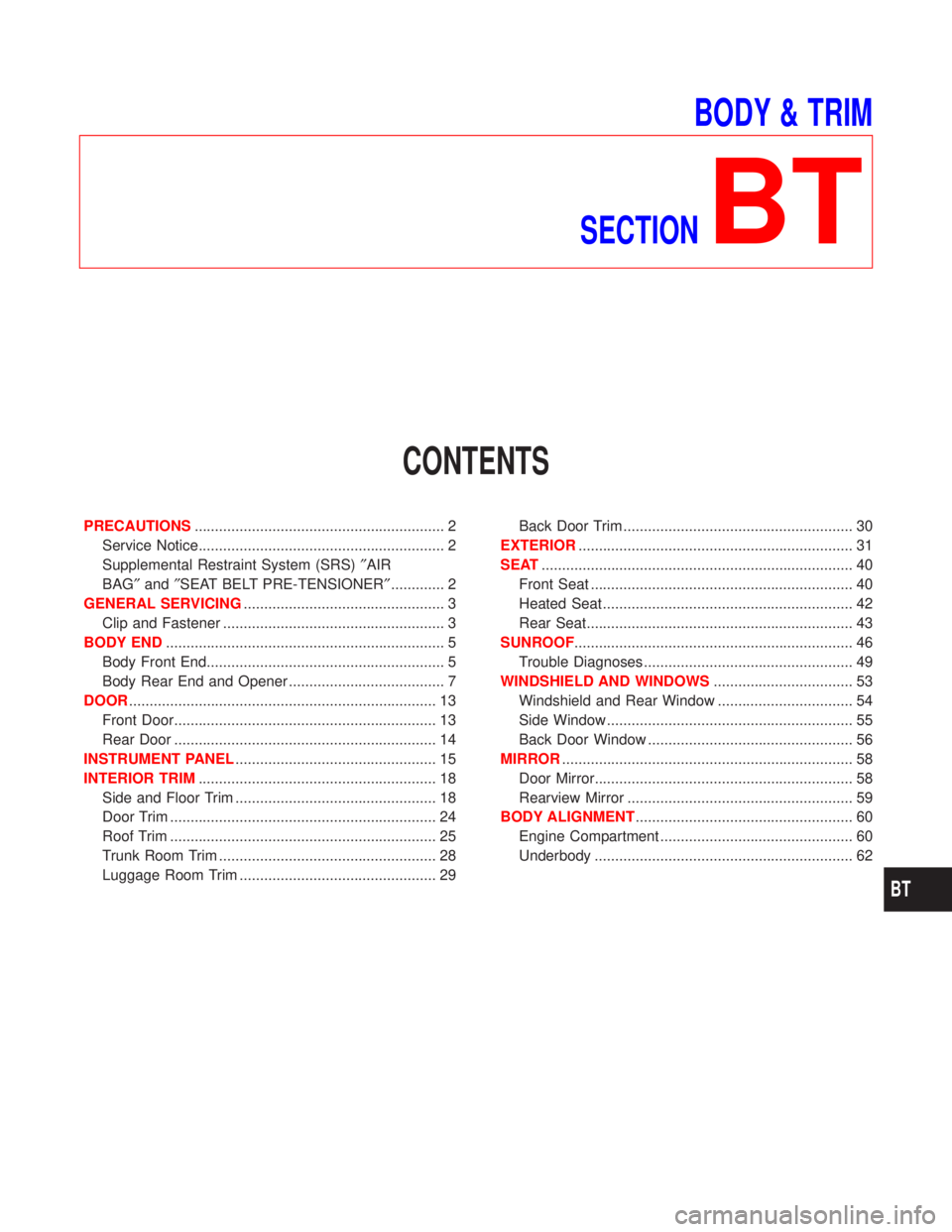 NISSAN PRIMERA 1999  Electronic Repair Manual BODY & TRIM
SECTION
BT
CONTENTS
PRECAUTIONS............................................................. 2
Service Notice............................................................ 2
Supplemental Res