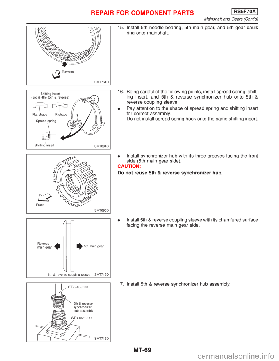 NISSAN PRIMERA 1999 Electronic Repair Manual 15. Install 5th needle bearing, 5th main gear, and 5th gear baulk
ring onto mainshaft.
16. Being careful of the following points, install spread spring, shift-
ing insert, and 5th & reverse synchroniz NISSAN PRIMERA 1999 Electronic Repair Manual 15. Install 5th needle bearing, 5th main gear, and 5th gear baulk
ring onto mainshaft.
16. Being careful of the following points, install spread spring, shift-
ing insert, and 5th & reverse synchroniz