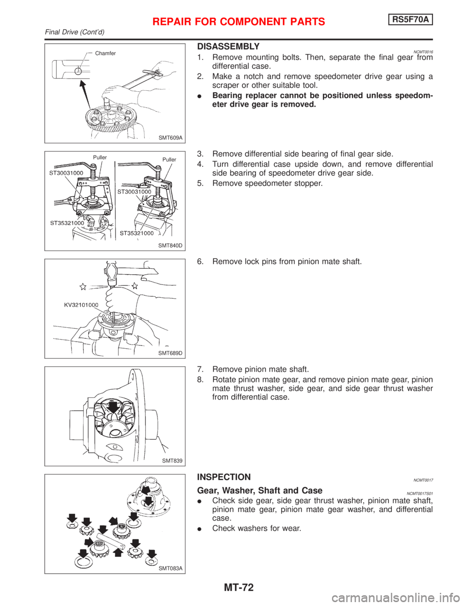 NISSAN PRIMERA 1999 Electronic Repair Manual DISASSEMBLYNCMT00161. Remove mounting bolts. Then, separate the final gear from
differential case.
2. Make a notch and remove speedometer drive gear using a
scraper or other suitable tool.
IBearing re NISSAN PRIMERA 1999 Electronic Repair Manual DISASSEMBLYNCMT00161. Remove mounting bolts. Then, separate the final gear from
differential case.
2. Make a notch and remove speedometer drive gear using a
scraper or other suitable tool.
IBearing re
