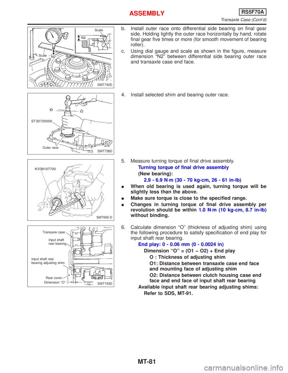 NISSAN PRIMERA 1999 Electronic Repair Manual b. Install outer race onto differential side bearing on final gear
side. Holding lightly the outer race horizontally by hand, rotate
final gear five times or more (for smooth movement of bearing
rolle NISSAN PRIMERA 1999 Electronic Repair Manual b. Install outer race onto differential side bearing on final gear
side. Holding lightly the outer race horizontally by hand, rotate
final gear five times or more (for smooth movement of bearing
rolle