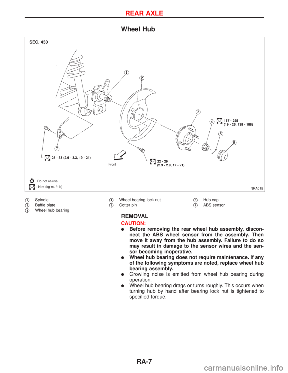 NISSAN PRIMERA 1999 Electronic Repair Manual Wheel Hub
p1Spindle
p2Baffle plate
p3Wheel hub bearing
p4Wheel bearing lock nut
p5Cotter pinp6Hub cap
p7ABS sensor
REMOVAL
CAUTION:
lBefore removing the rear wheel hub assembly, discon-
nect the ABS w NISSAN PRIMERA 1999 Electronic Repair Manual Wheel Hub
p1Spindle
p2Baffle plate
p3Wheel hub bearing
p4Wheel bearing lock nut
p5Cotter pinp6Hub cap
p7ABS sensor
REMOVAL
CAUTION:
lBefore removing the rear wheel hub assembly, discon-
nect the ABS w