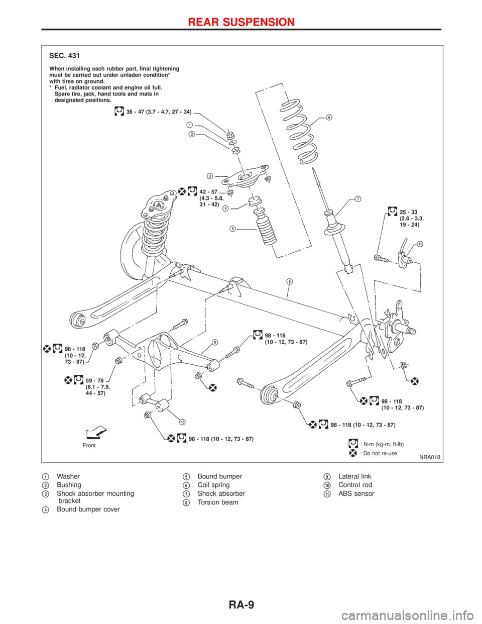 NISSAN PRIMERA 1999 Electronic Repair Manual p1Washer
p2Bushing
p3Shock absorber mounting
bracket
p4Bound bumper cover
p5Bound bumper
p6Coil spring
p7Shock absorber
p8Torsion beam
p9Lateral link
p10Control rod
p11ABS sensor
NRA018
SEC. 431
When NISSAN PRIMERA 1999 Electronic Repair Manual p1Washer
p2Bushing
p3Shock absorber mounting
bracket
p4Bound bumper cover
p5Bound bumper
p6Coil spring
p7Shock absorber
p8Torsion beam
p9Lateral link
p10Control rod
p11ABS sensor
NRA018
SEC. 431
When