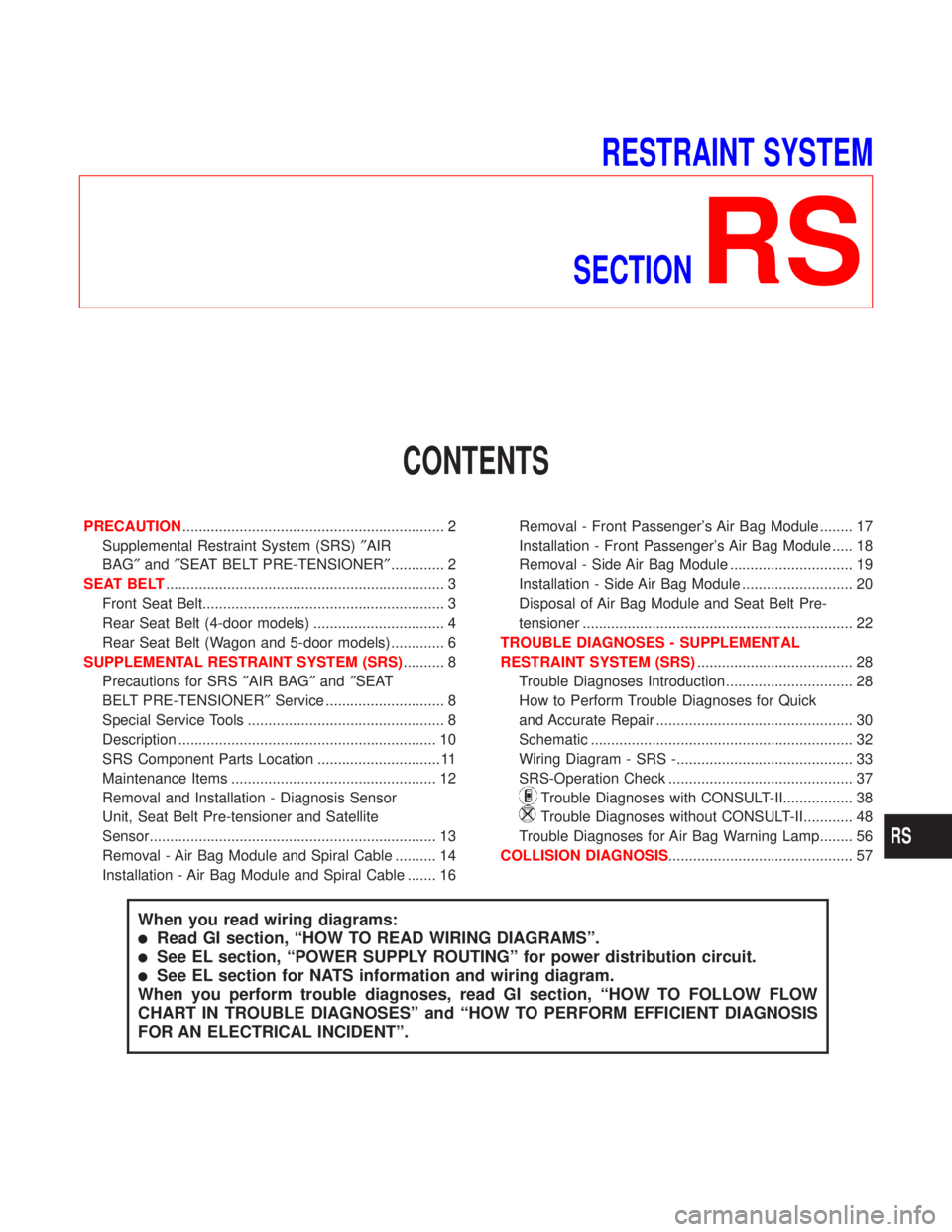NISSAN PRIMERA 1999 Electronic Repair Manual RESTRAINT SYSTEM
SECTION
RS
CONTENTS
PRECAUTION................................................................ 2
Supplemental Restraint System (SRS)²AIR
BAG²and²SEAT BELT PRE-TENSIONER².......... NISSAN PRIMERA 1999 Electronic Repair Manual RESTRAINT SYSTEM
SECTION
RS
CONTENTS
PRECAUTION................................................................ 2
Supplemental Restraint System (SRS)²AIR
BAG²and²SEAT BELT PRE-TENSIONER²..........