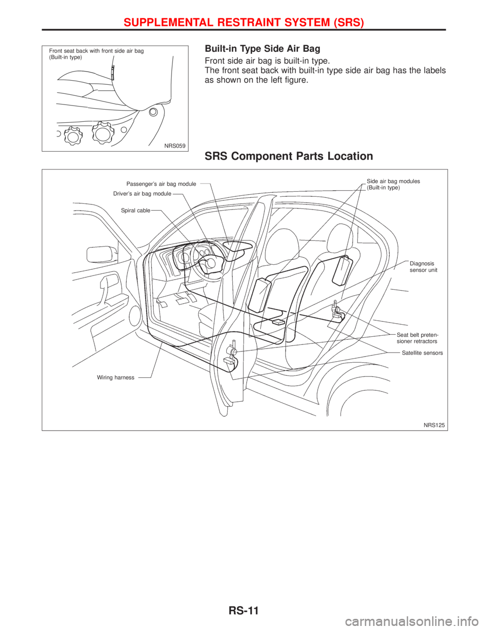 NISSAN PRIMERA 1999 Electronic Repair Manual Built-in Type Side Air Bag
Front side air bag is built-in type.
The front seat back with built-in type side air bag has the labels
as shown on the left figure.
SRS Component Parts Location
NRS059
.Fro NISSAN PRIMERA 1999 Electronic Repair Manual Built-in Type Side Air Bag
Front side air bag is built-in type.
The front seat back with built-in type side air bag has the labels
as shown on the left figure.
SRS Component Parts Location
NRS059
.Fro