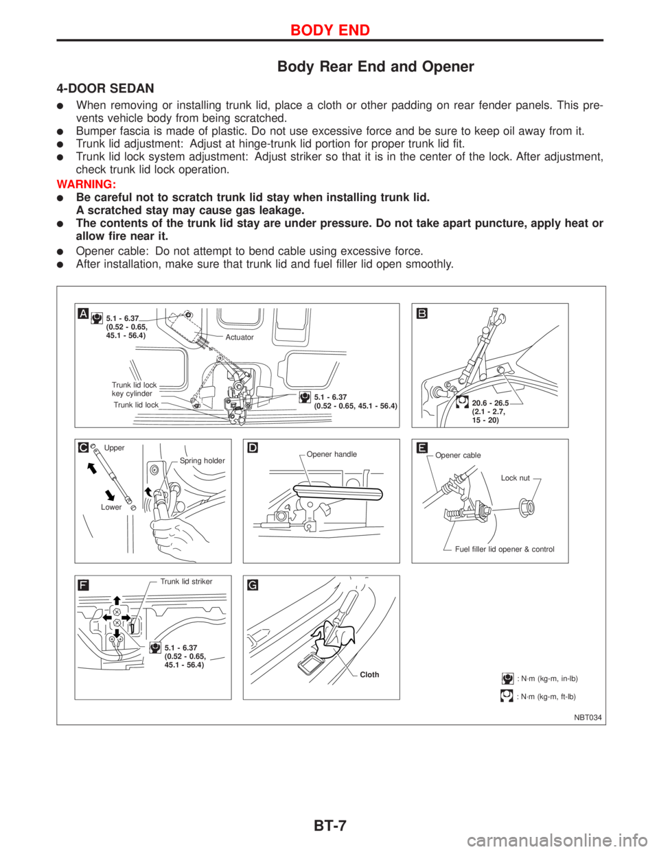 NISSAN PRIMERA 1999  Electronic Repair Manual Body Rear End and Opener
4-DOOR SEDAN
lWhen removing or installing trunk lid, place a cloth or other padding on rear fender panels. This pre-
vents vehicle body from being scratched.
lBumper fascia is