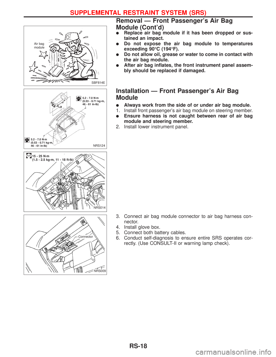 NISSAN PRIMERA 1999  Electronic Repair Manual lReplace air bag module if it has been dropped or sus-
tained an impact.
lDo not expose the air bag module to temperatures
exceeding 90ÉC (194ÉF).
lDo not allow oil, grease or water to come in conta