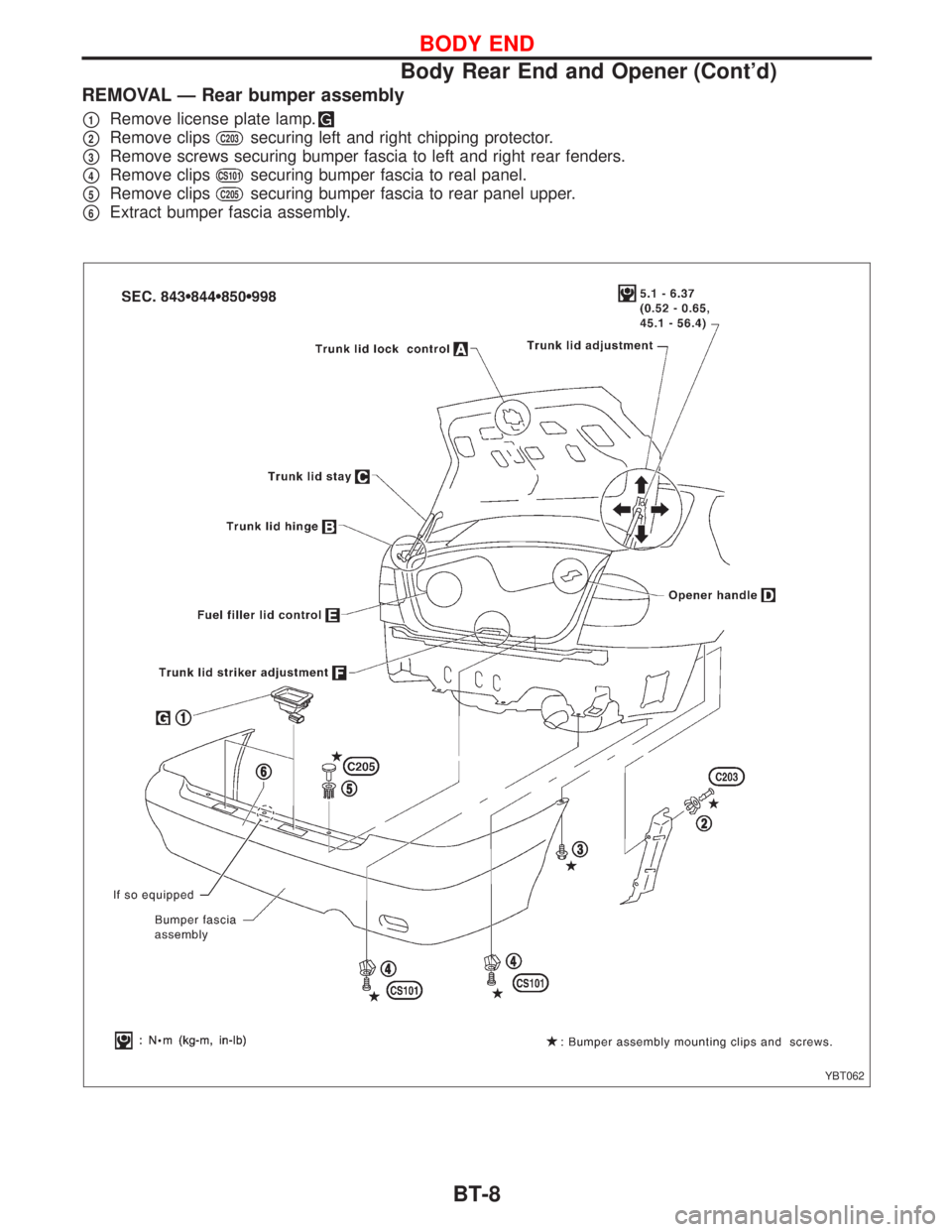 NISSAN PRIMERA 1999 Electronic Repair Manual REMOVAL Ð Rear bumper assembly
p1Remove license plate lamp.
p2Remove clipsC203securing left and right chipping protector.
p3Remove screws securing bumper fascia to left and right rear fenders.
p4Remo NISSAN PRIMERA 1999 Electronic Repair Manual REMOVAL Ð Rear bumper assembly
p1Remove license plate lamp.
p2Remove clipsC203securing left and right chipping protector.
p3Remove screws securing bumper fascia to left and right rear fenders.
p4Remo