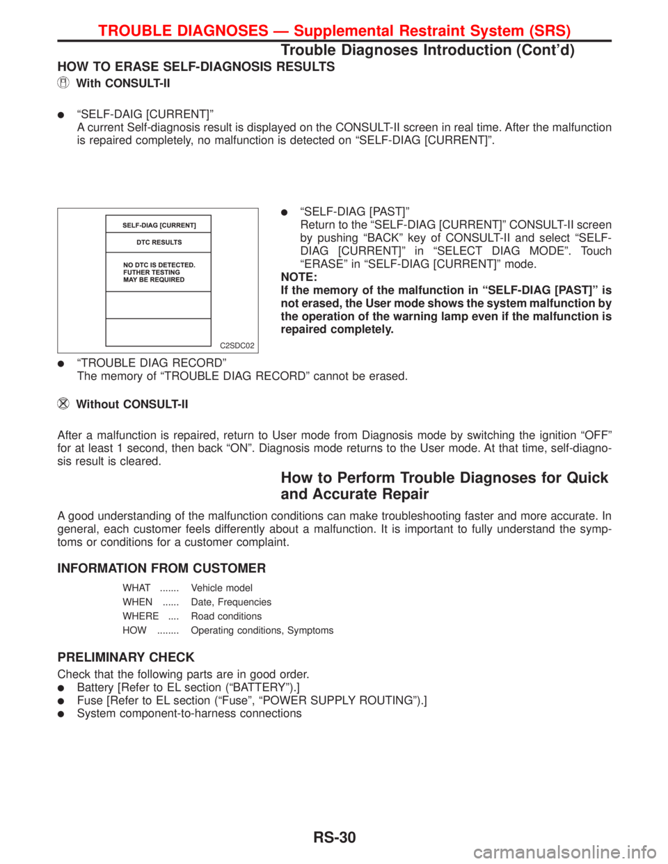 NISSAN PRIMERA 1999  Electronic Repair Manual HOW TO ERASE SELF-DIAGNOSIS RESULTS
With CONSULT-II
lªSELF-DAIG [CURRENT]º
A current Self-diagnosis result is displayed on the CONSULT-II screen in real time. After the malfunction
is repaired compl