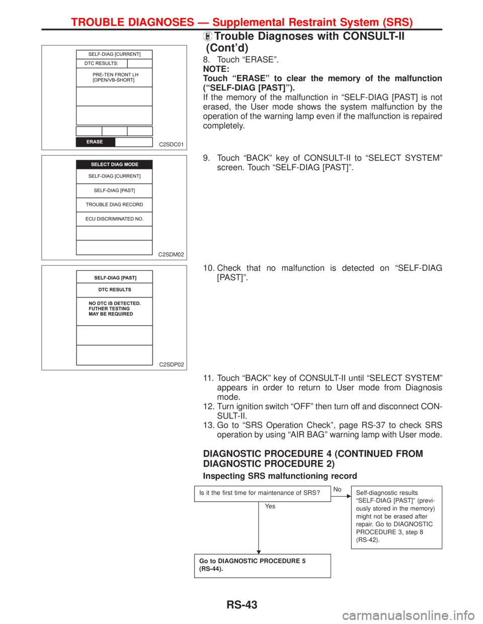 NISSAN PRIMERA 1999  Electronic Repair Manual 8. Touch ªERASEº.
NOTE:
Touch ªERASEº to clear the memory of the malfunction
(ªSELF-DIAG [PAST]º).
If the memory of the malfunction in ªSELF-DIAG [PAST] is not
erased, the User mode shows the s