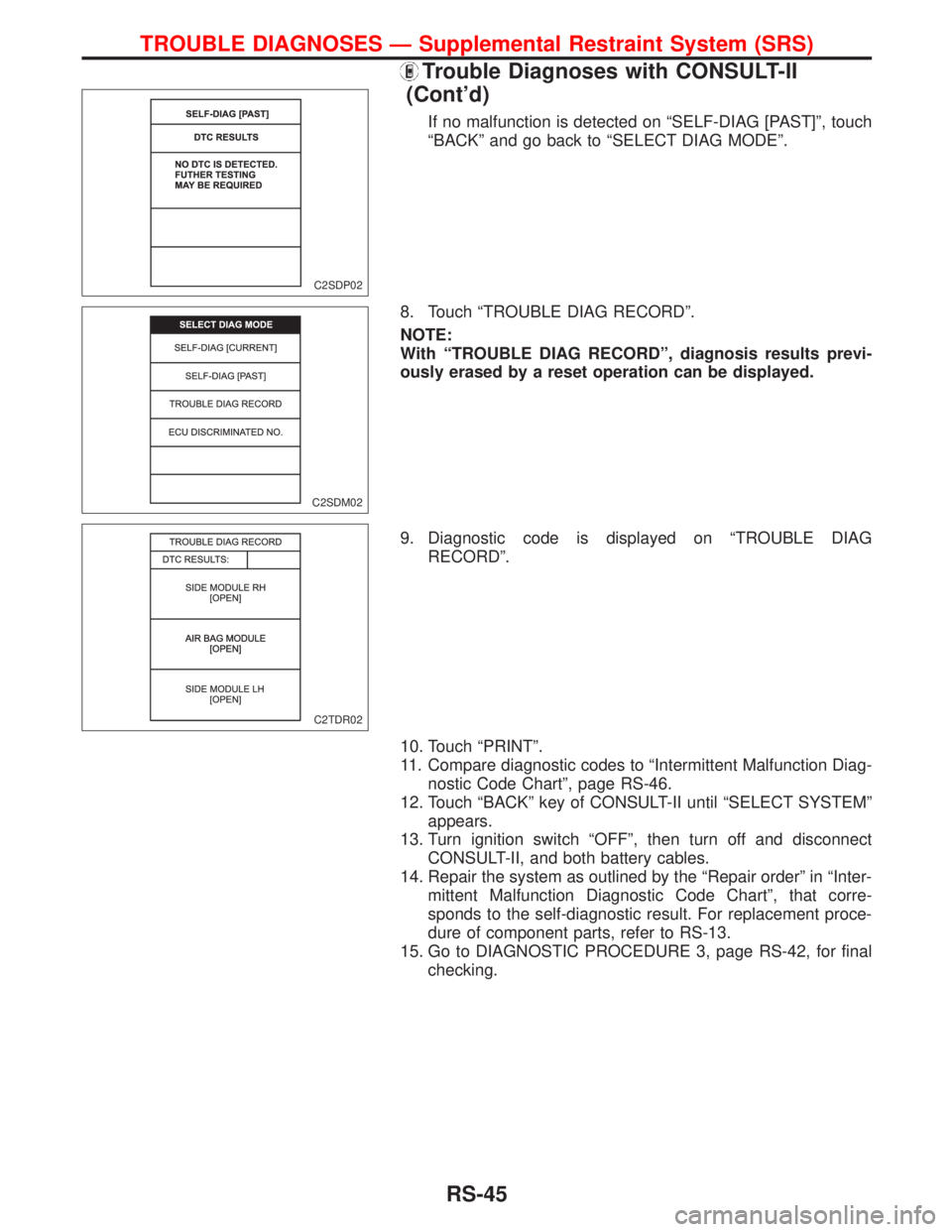 NISSAN PRIMERA 1999  Electronic Repair Manual If no malfunction is detected on ªSELF-DIAG [PAST]º, touch
ªBACKº and go back to ªSELECT DIAG MODEº.
8. Touch ªTROUBLE DIAG RECORDº.
NOTE:
With ªTROUBLE DIAG RECORDº, diagnosis results previ