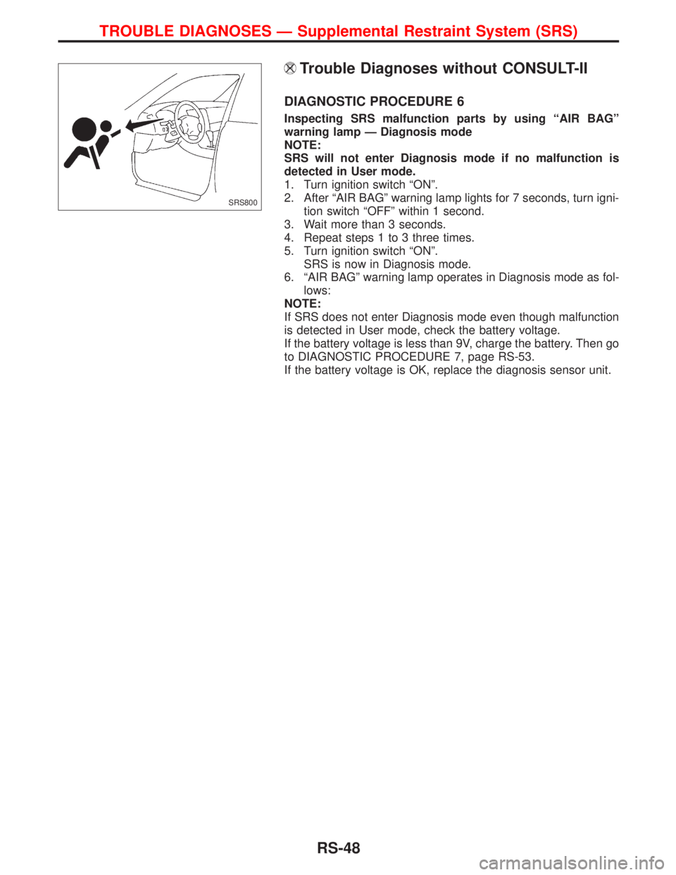 NISSAN PRIMERA 1999  Electronic Repair Manual Trouble Diagnoses without CONSULT-II
DIAGNOSTIC PROCEDURE 6
Inspecting SRS malfunction parts by using ªAIR BAGº
warning lamp Ð Diagnosis mode
NOTE:
SRS will not enter Diagnosis mode if no malfuncti