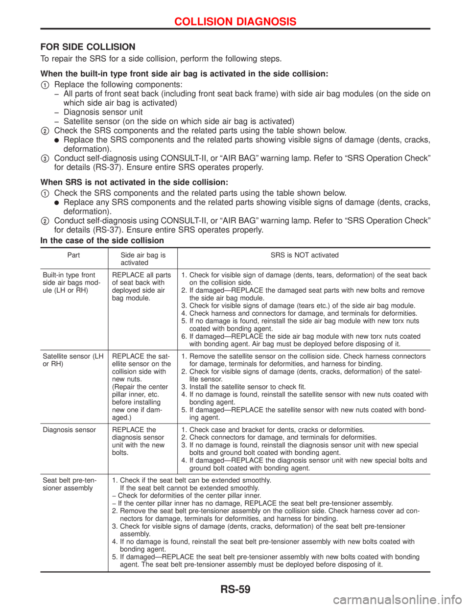 NISSAN PRIMERA 1999  Electronic Repair Manual FOR SIDE COLLISION
To repair the SRS for a side collision, perform the following steps.
When the built-in type front side air bag is activated in the side collision:
p1Replace the following components